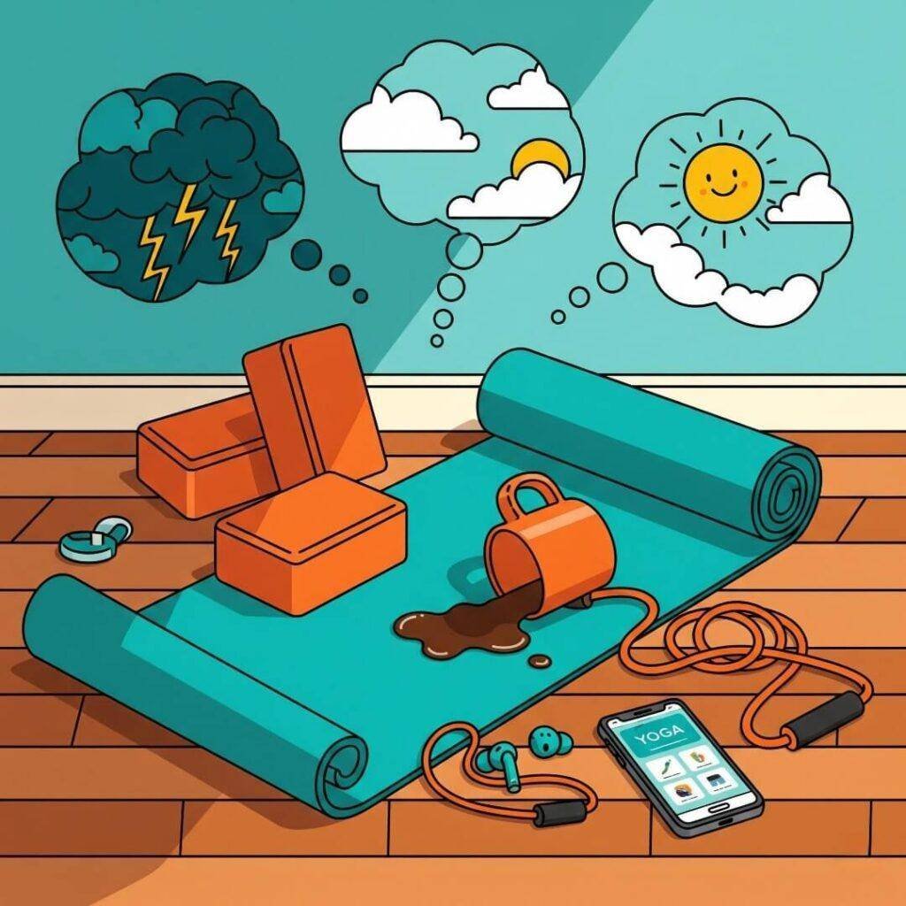 A digital art image of a chaotic yoga setup, shot from above, with a mat, blocks, and a knocked-over coffee mug.