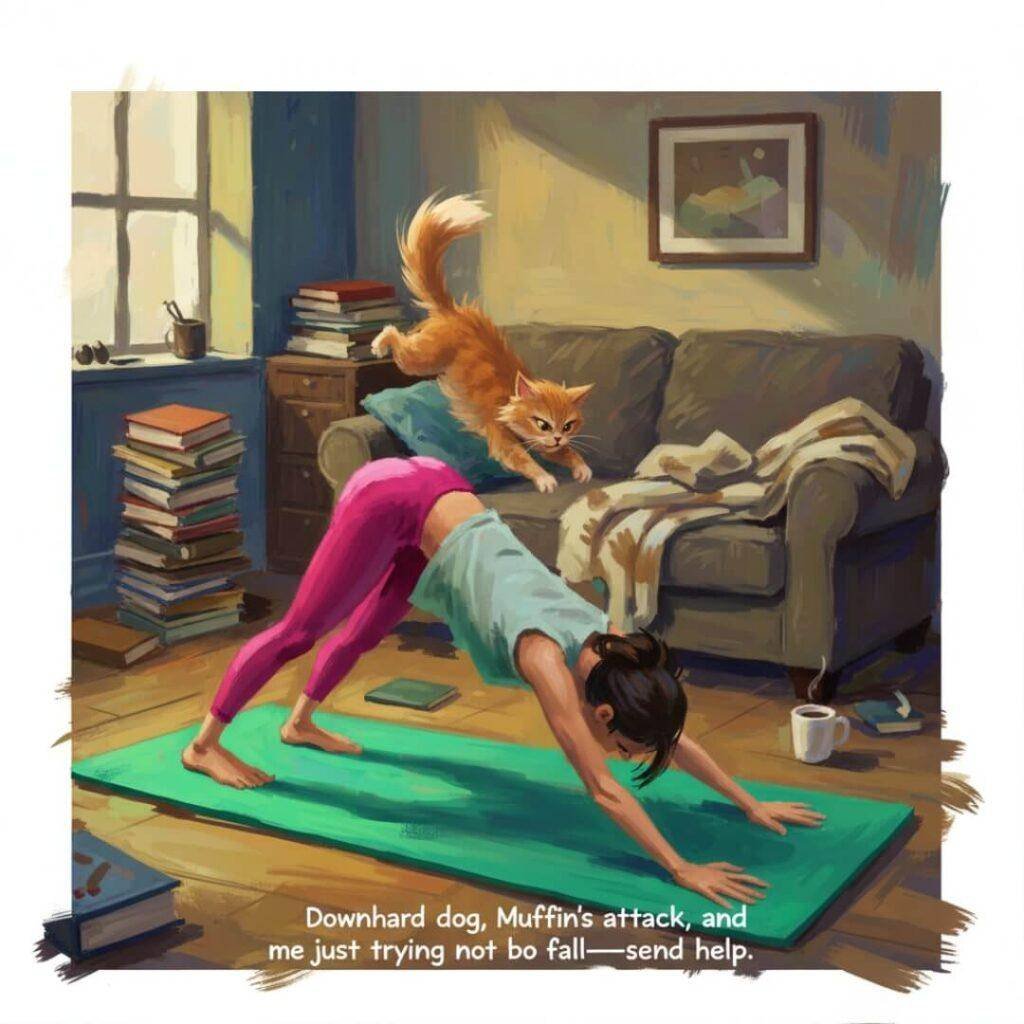 Woman in downward dog, cat pouncing on her in a messy apartment.