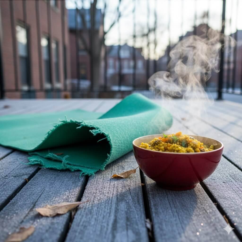 Ratty yoga mat and steaming kitchari on a frosty Boston porch.