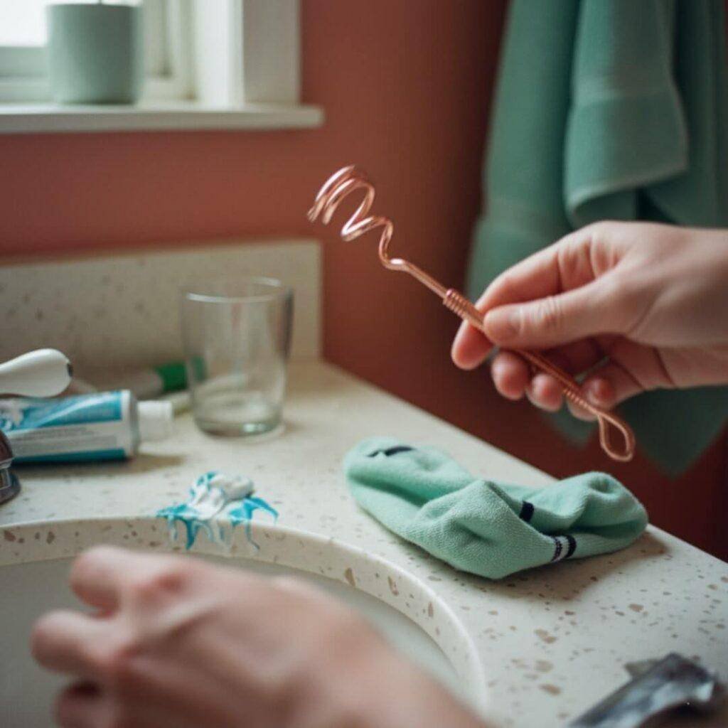 Shaky hands hold a copper tongue scraper in a messy bathroom.