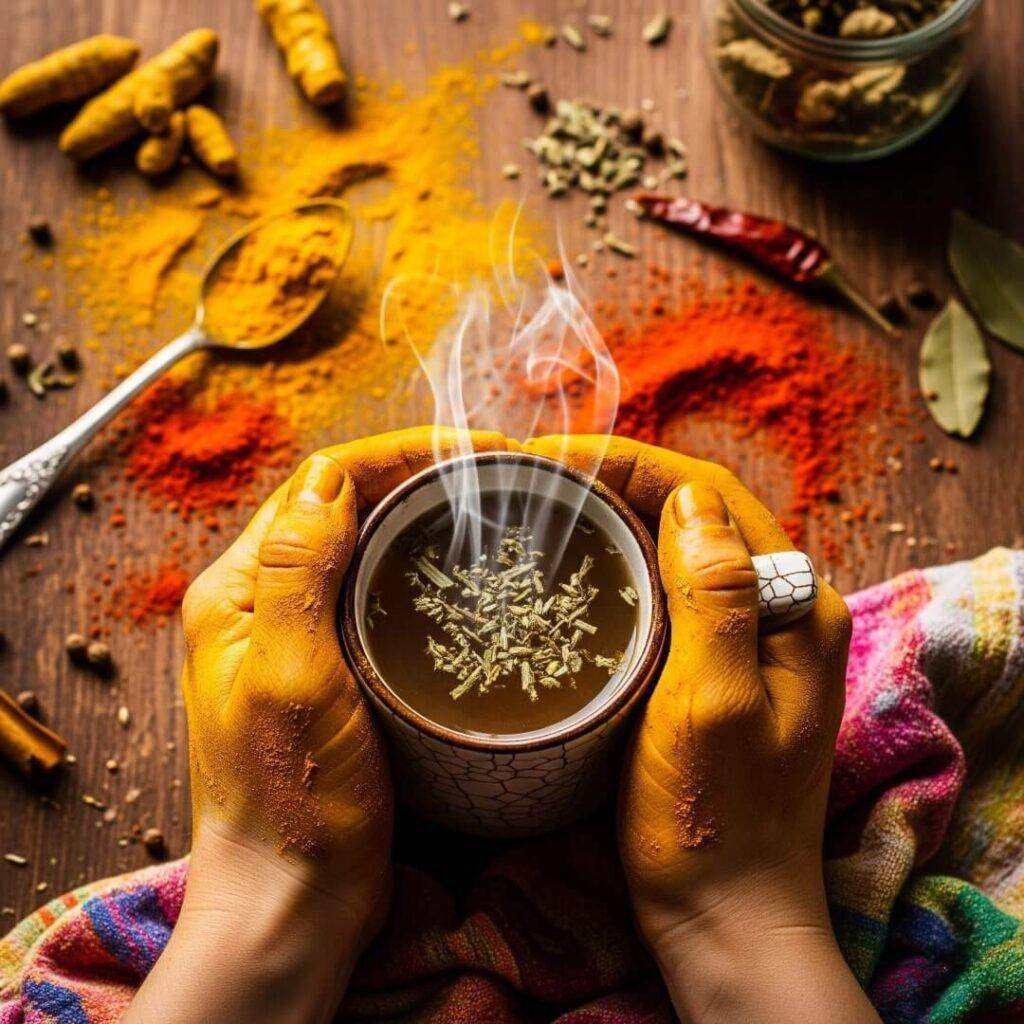 Turmeric-stained hands clutch a mug of tulsi tea amidst a chaotic kitchen.