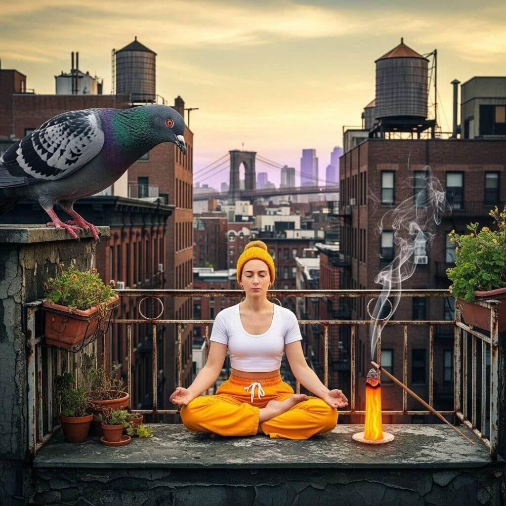 A slightly blurred photo of a person meditating on a balcony with a pigeon watching.