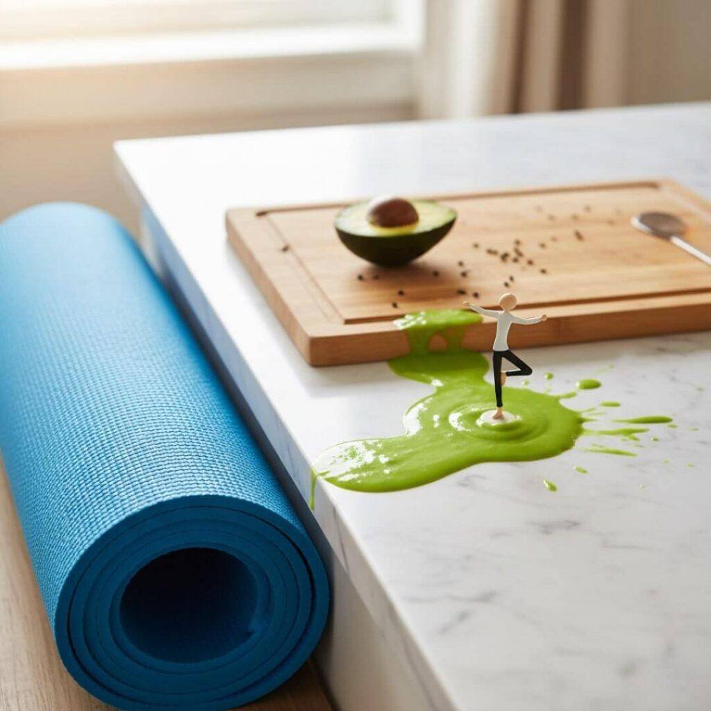Messy kitchen counter with smoothie, avocado, yoga mat, and tiny yoga figurine.
