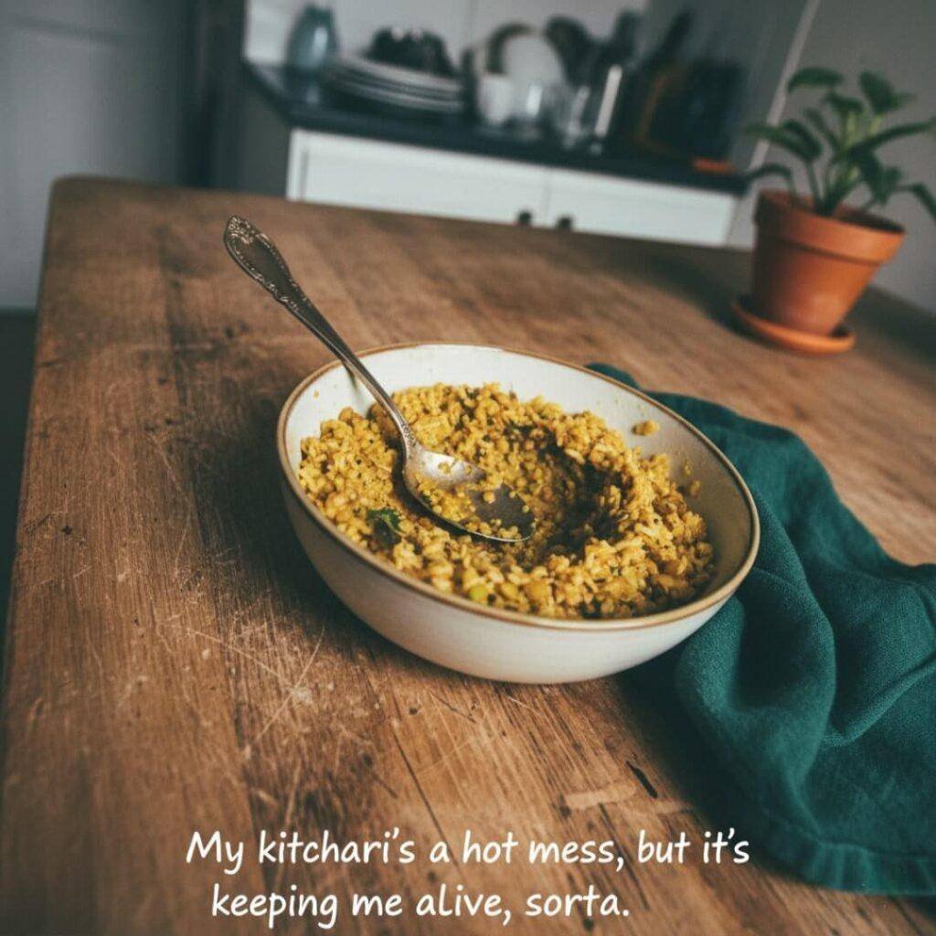 A lopsided bowl of kitchari on a wobbly table with a random mustard seed.