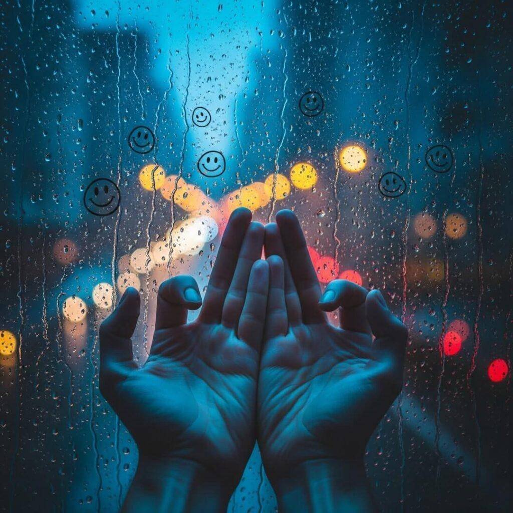A close-up of hands in a mudra with rain-streaked windows behind and smiley faces in the raindrops.