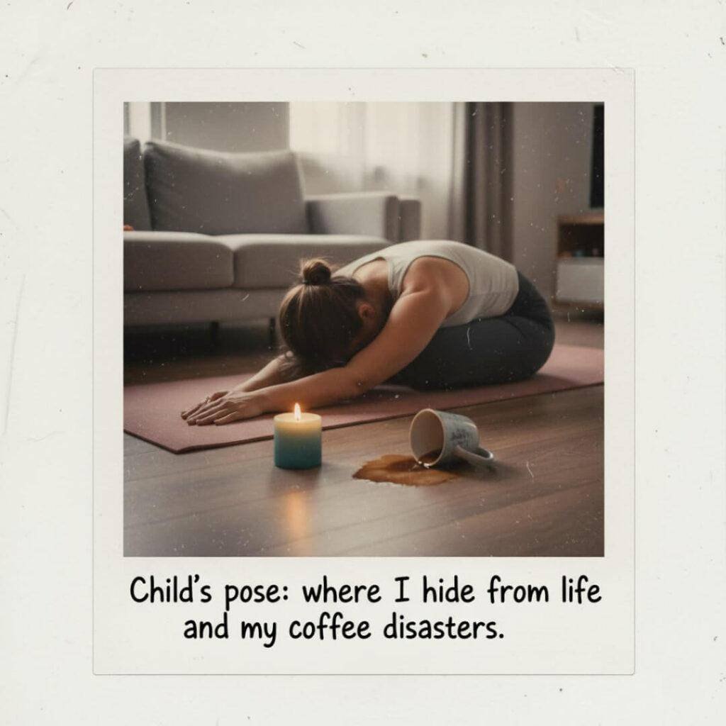 Woman in child's pose, flickering candle, and a spilled coffee mug.