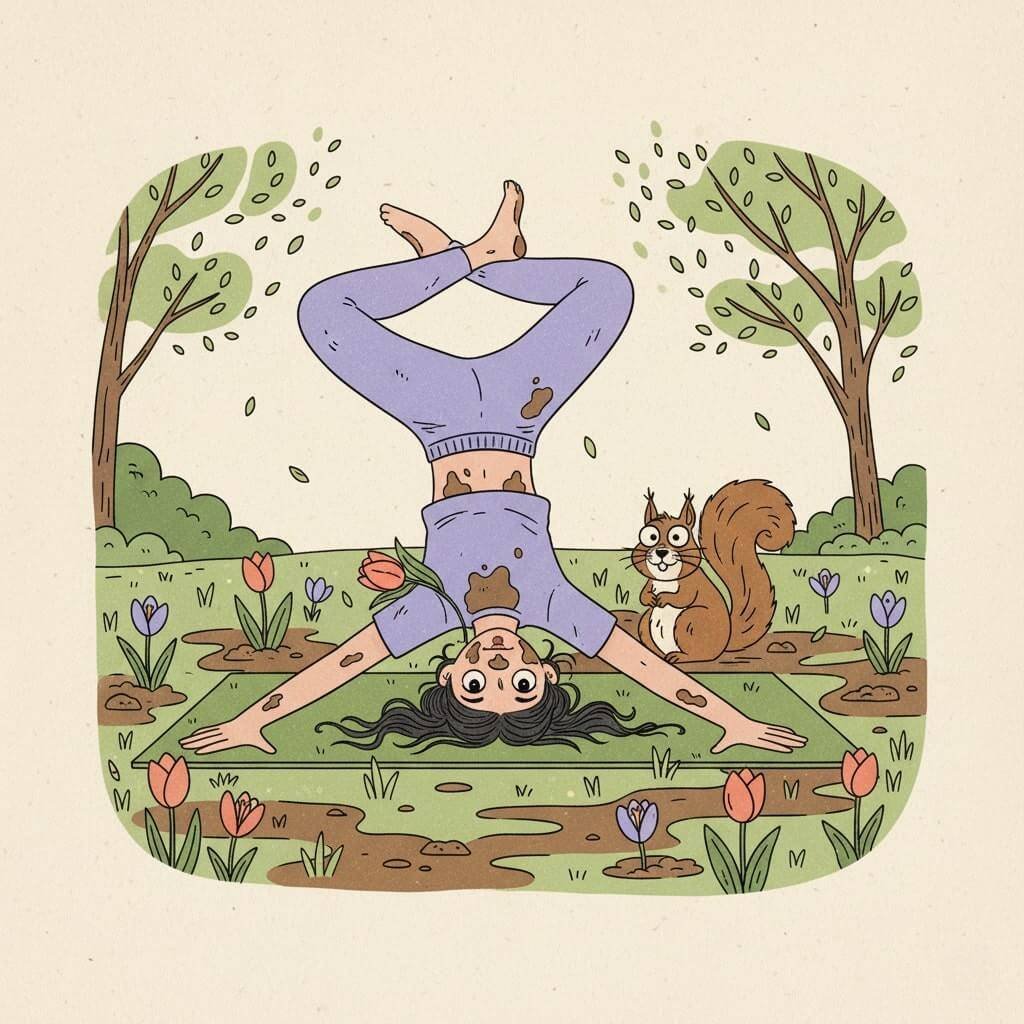 Vintage illustration of a person faceplanting in mud during yoga with a squirrel.