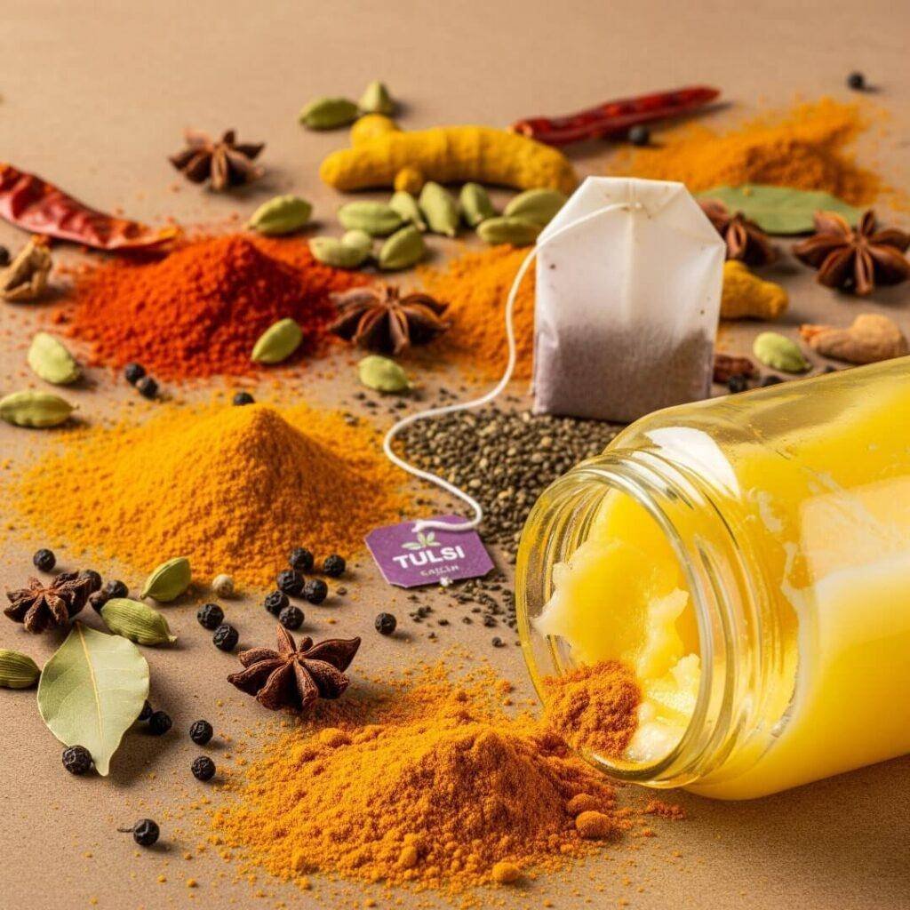 A tilted image of a chaotic countertop with spilled spices, a ghee jar, and a tea bag.