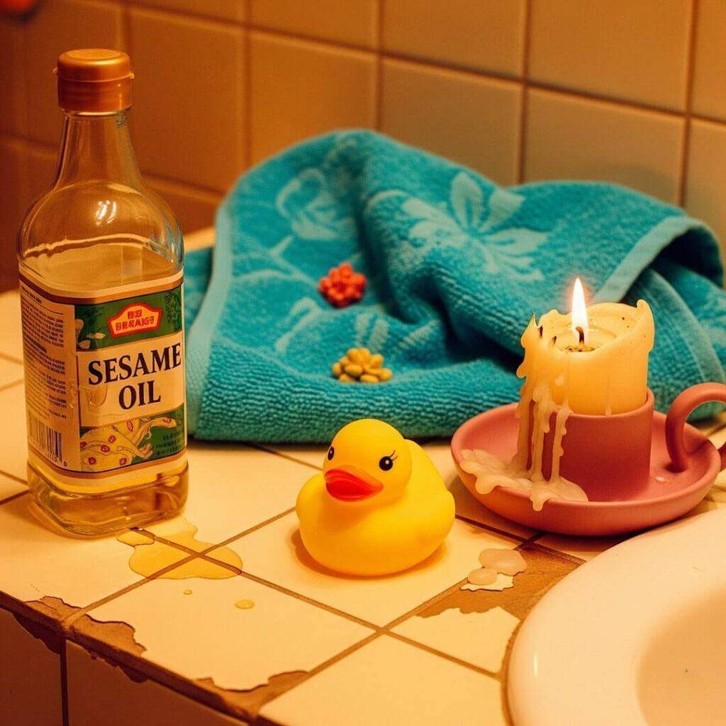 A '70s Polaroid-style photo of a messy bathroom counter with sesame oil and a rubber duck.