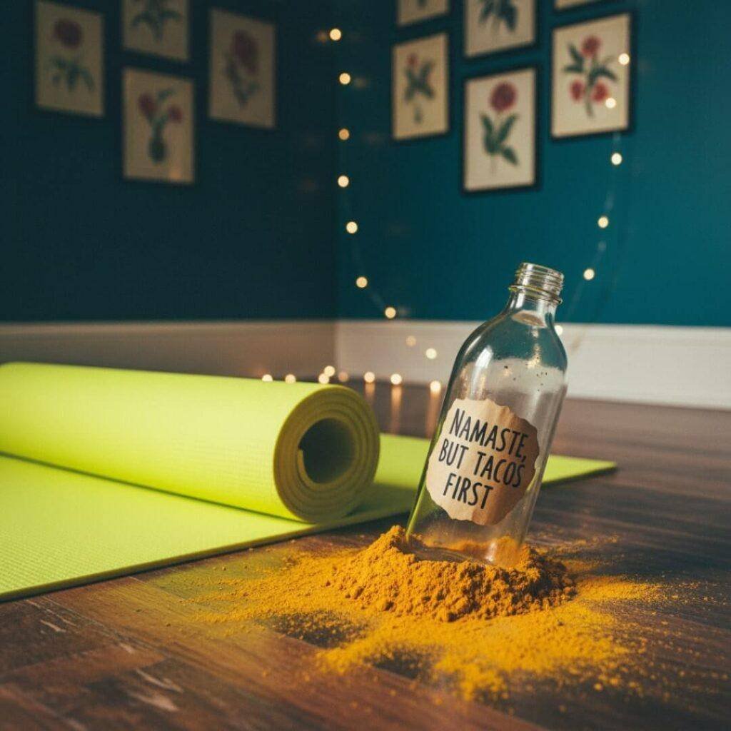 Cozy yoga studio corner with mat, spilled turmeric, and "Namaste, but Tacos First" bottle.