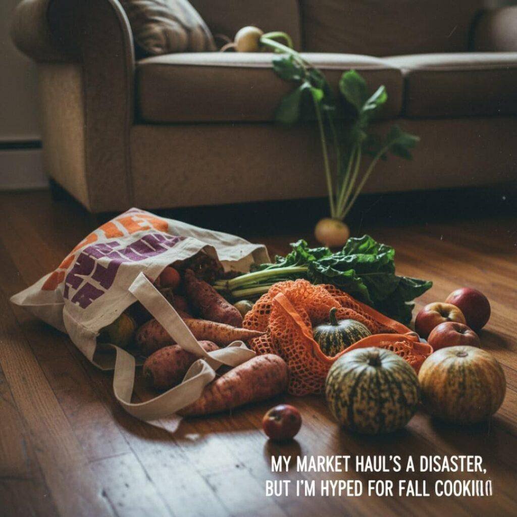 A chaotic farmer’s market haul spilling from a ripped tote bag.