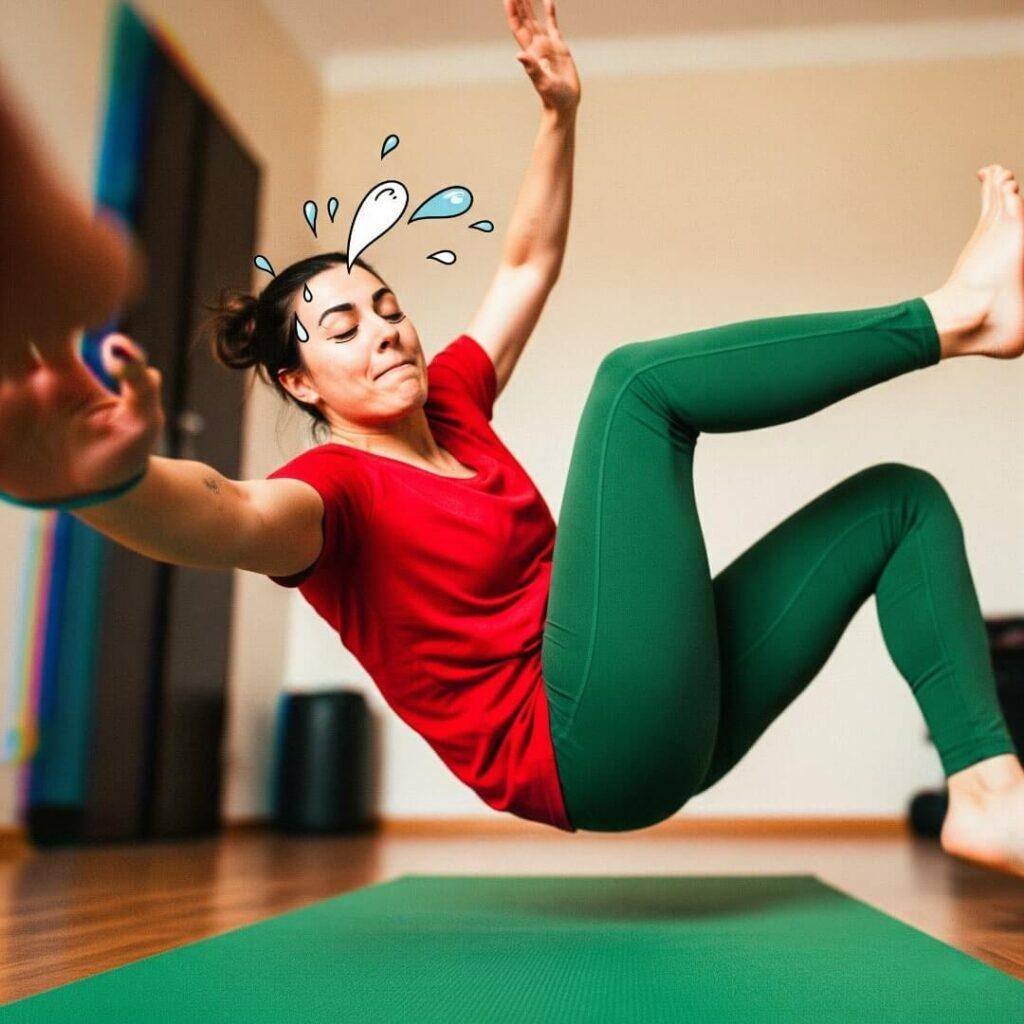A person falling out of a yoga pose, captured in a sideways selfie angle with cartoon sweat drops.