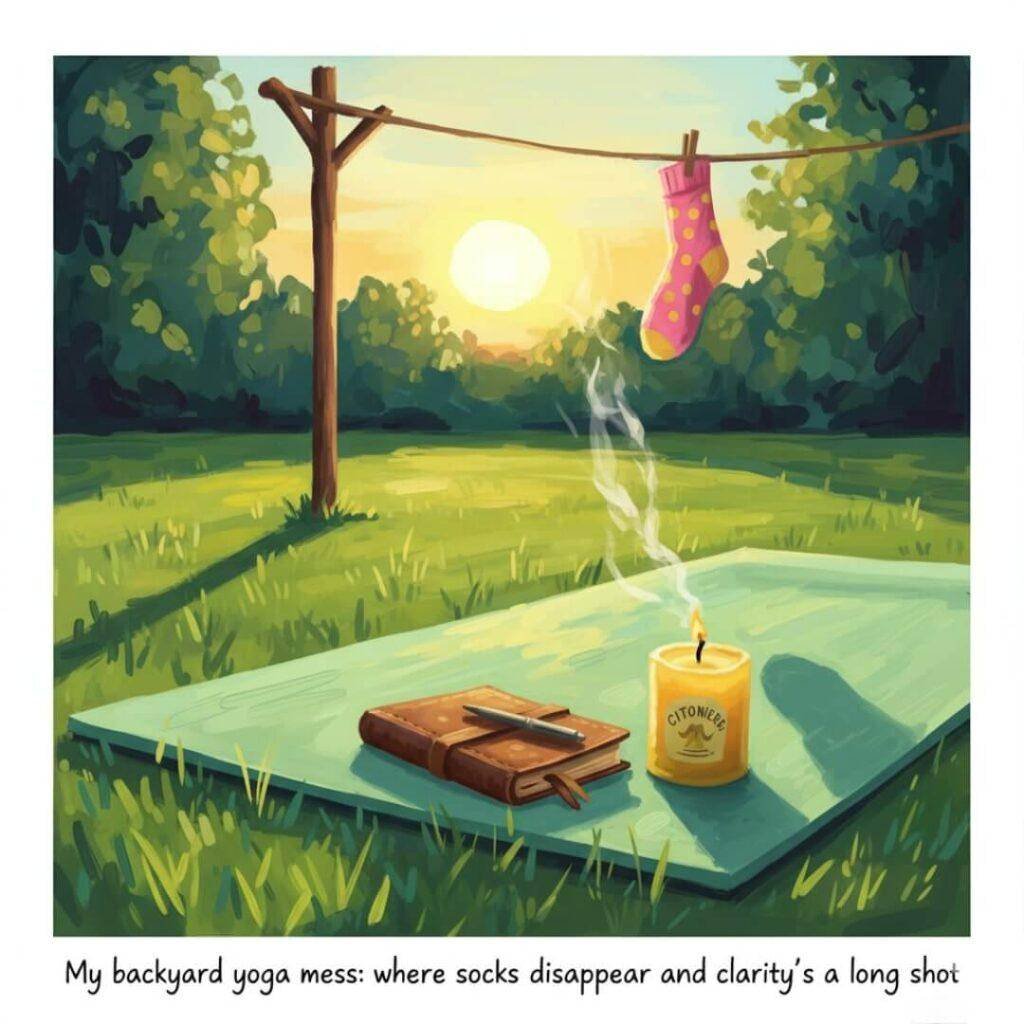 Backyard yoga mat, journal, citronella candle, and a single sock.