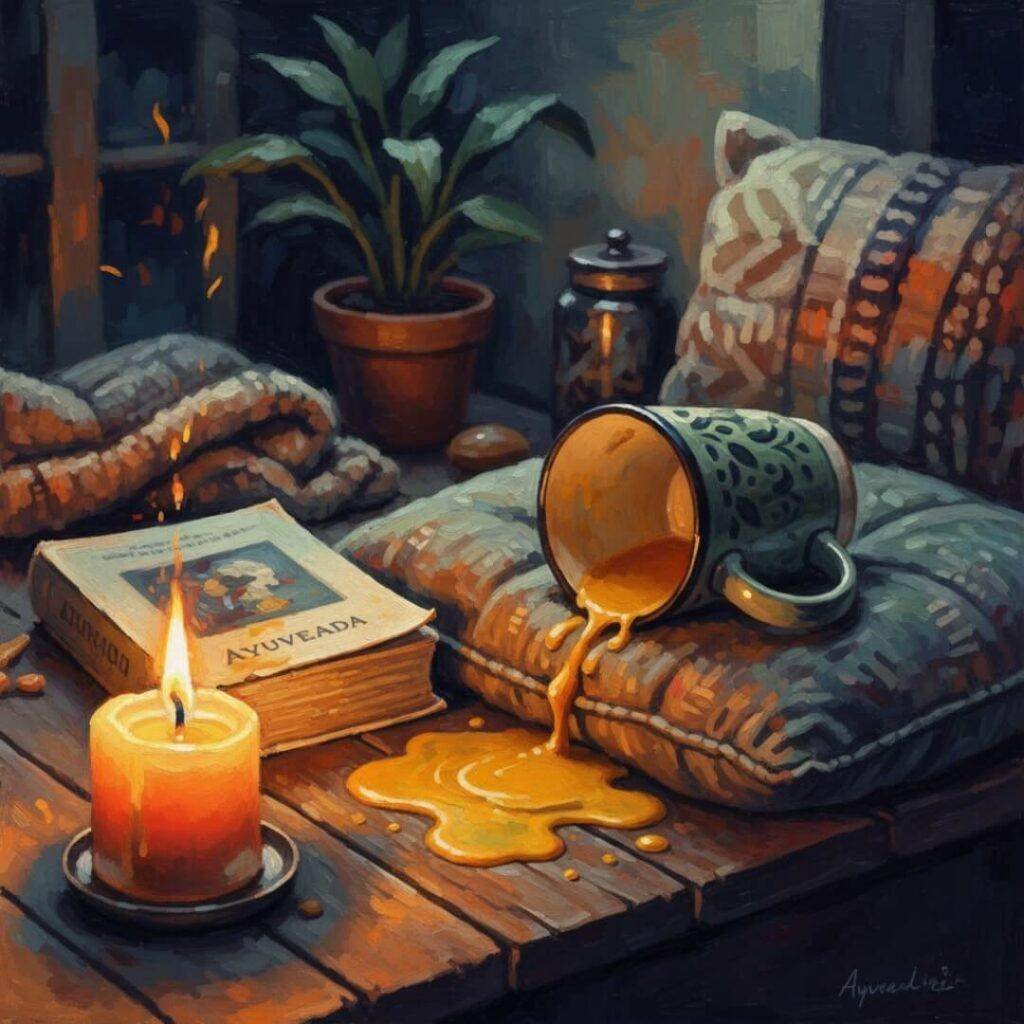 Textured digital painting of a meditation nook with a candle, book, and spilled tea.
