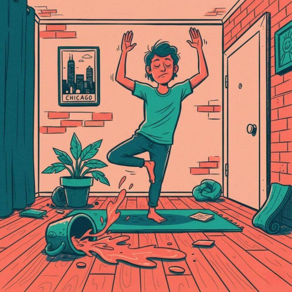 Cartoon person wobbles in yoga pose in messy Chicago apartment.