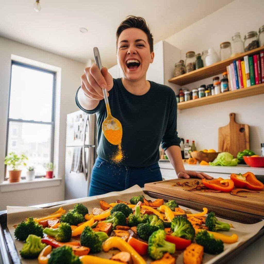 A smiling person holding a turmeric-stained spoon with roasted vegetables in the foreground.