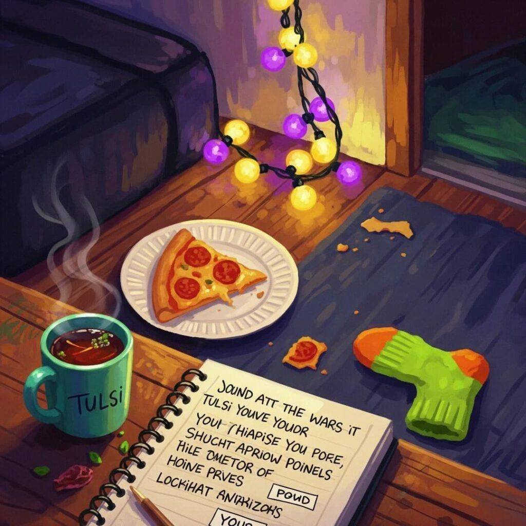 An impressionistic painting of a messy apartment corner with tea, pizza, and a notebook.