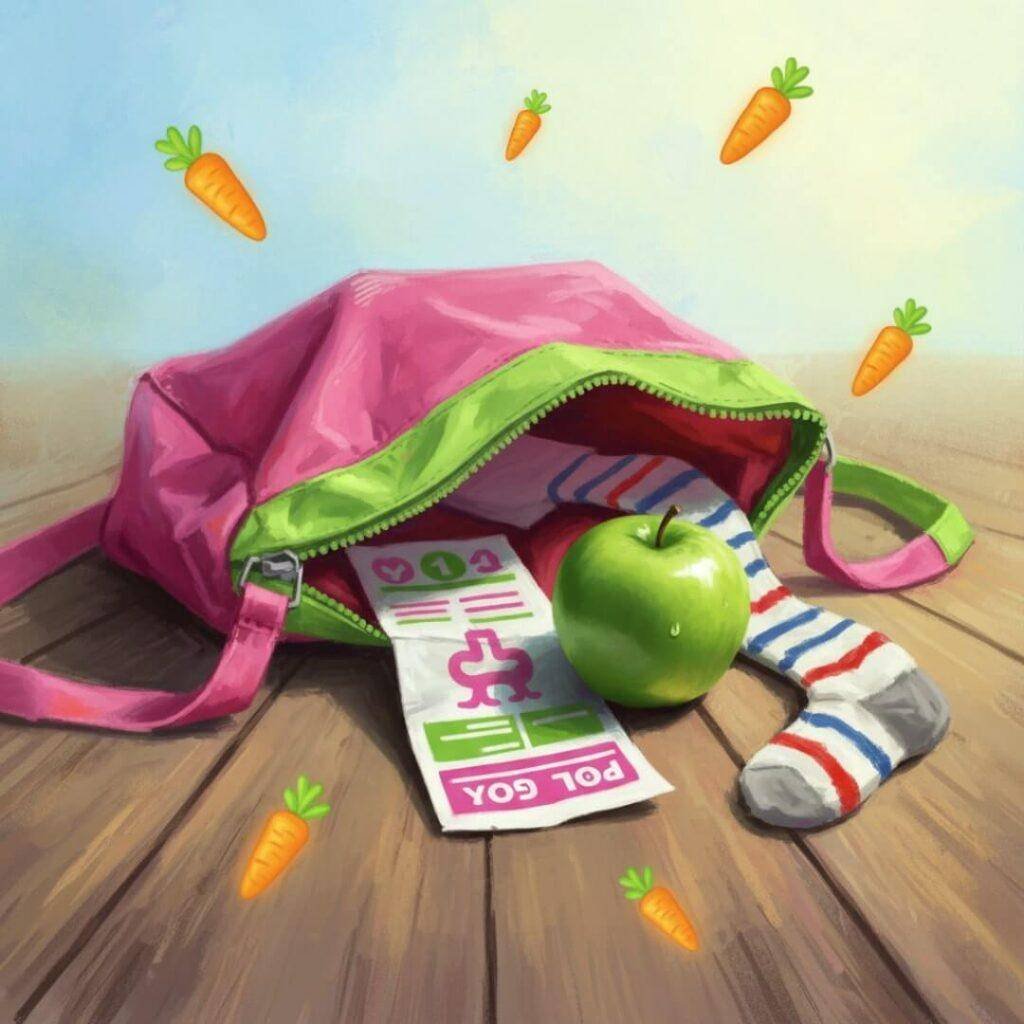 Yoga bag spilling apple, flyer, sock, and floating carrot emojis.