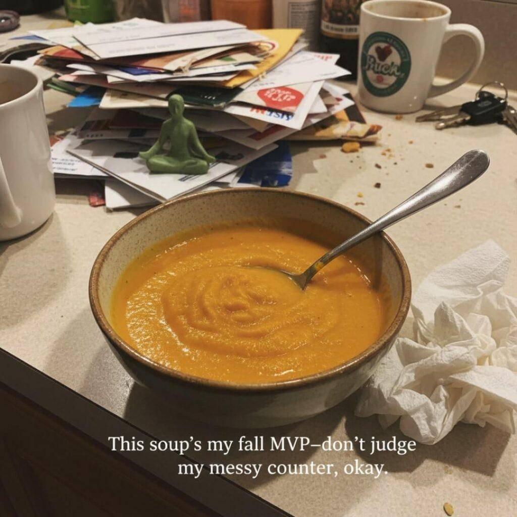Lumpy butternut squash soup on a cluttered counter with a yoga figurine.