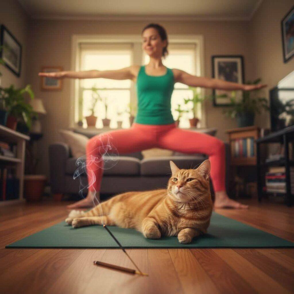 Woman doing yoga while a cat lounges on her mat.