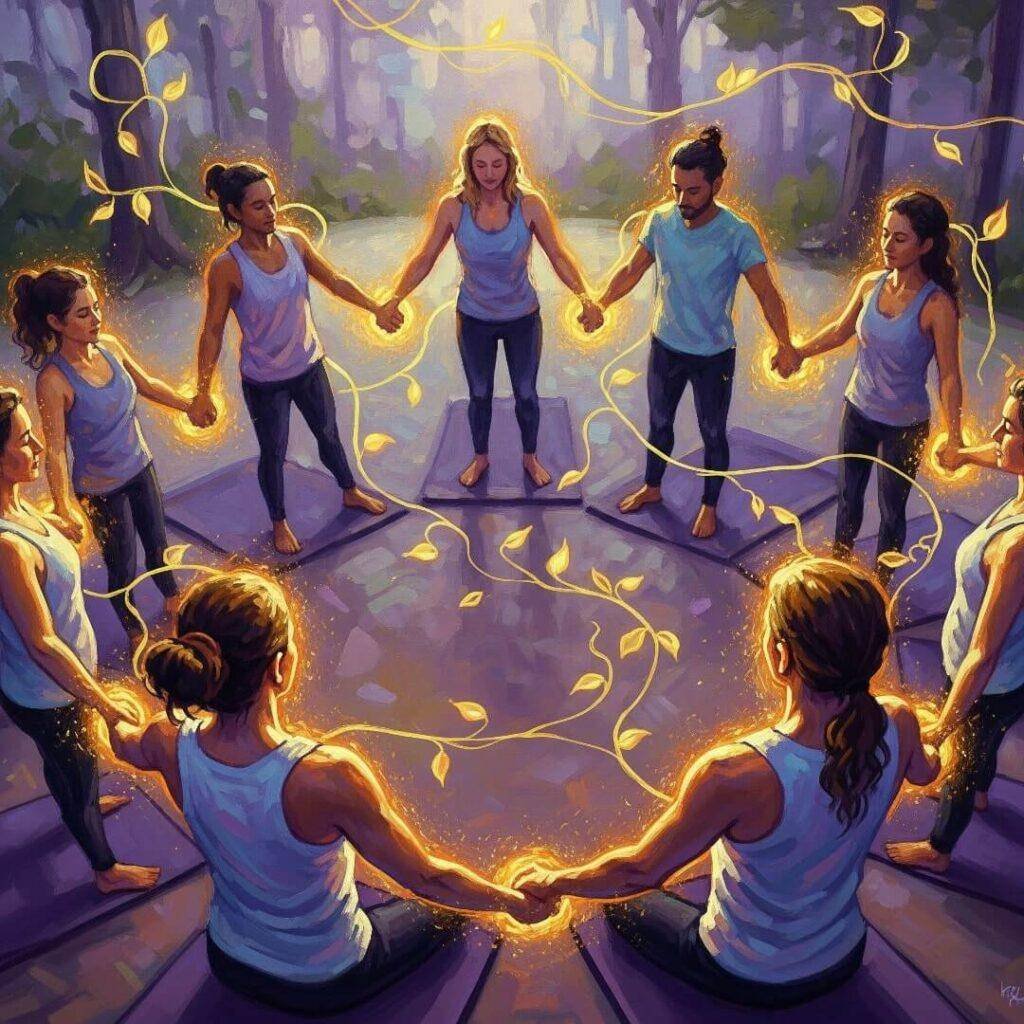 An impressionistic painting of a diverse group in a yoga circle with linked hands and glowing vines.