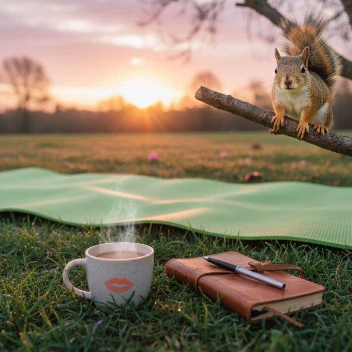 Yoga mat, smudged chai mug, journal, and a squirrel at sunrise.