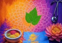 Integrating Ayurveda and Yoga into Modern Healthcare Impressionistic scene: floating neem leaf over yoga mat, spilling herbal powders, stethoscope in lotus.