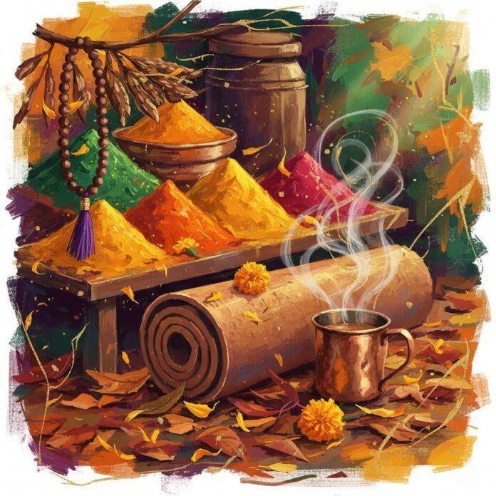 Impressionistic digital painting of a spice market, yoga mat, chai, and mala beads.