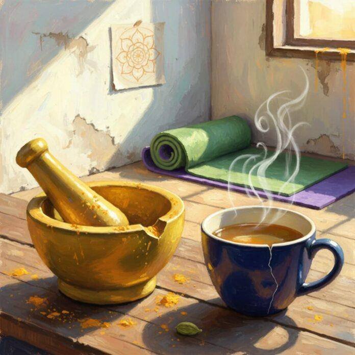 Impressionistic digital painting of a mortar, pestle, tea cup, yoga mat, and mandala.