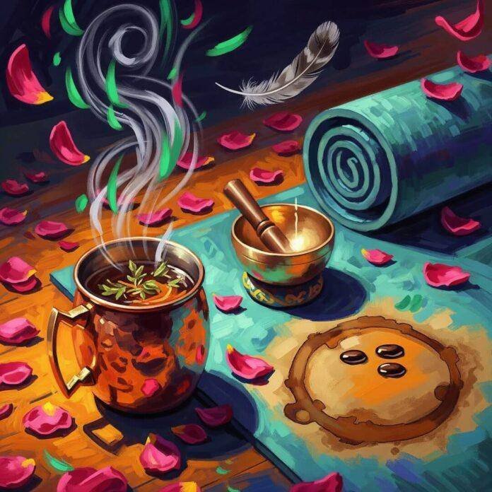 An impressionistic painting of a steaming mug of tea, a yoga mat, and a singing bowl.
