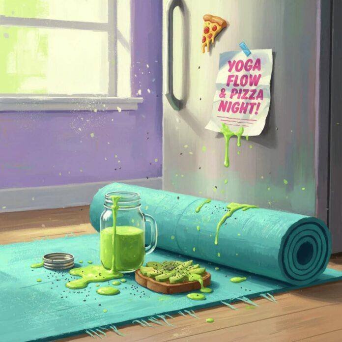 Messy yoga mat scene with smoothie, avocado toast, and a pizza magnet.