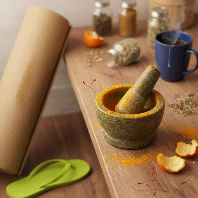 Turmeric-stained mortar, yoga mat, tulsi tea, saffron, and a lime-green flip-flop.
