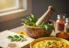 Ayurvedic Dietary Guidelines for Optimal Health Turmeric lentils, mortar and pestle, cookbook, and saffron on a sunlit table.