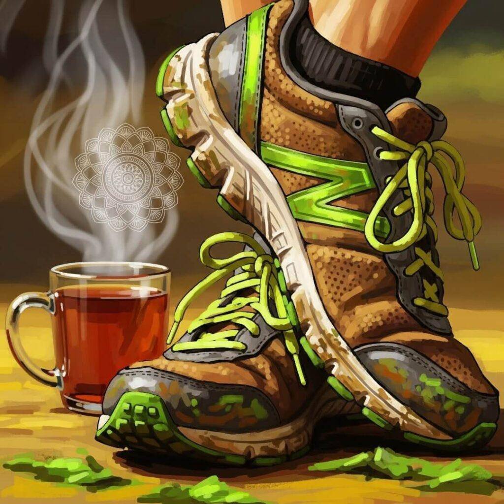 A messy drawing of a muddy running shoe next to a tea mug.