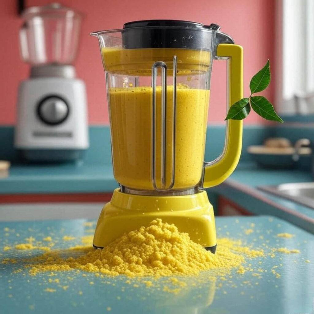 Blender spewing turmeric smoothie, curry leaf stuck, messy counter, vibrant colors.