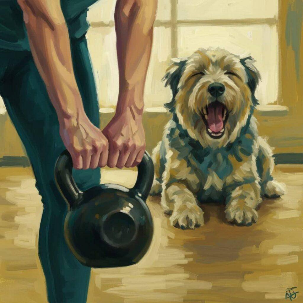 Impressionistic painting: Shaky hands with kettlebell, dog yawning in background.
