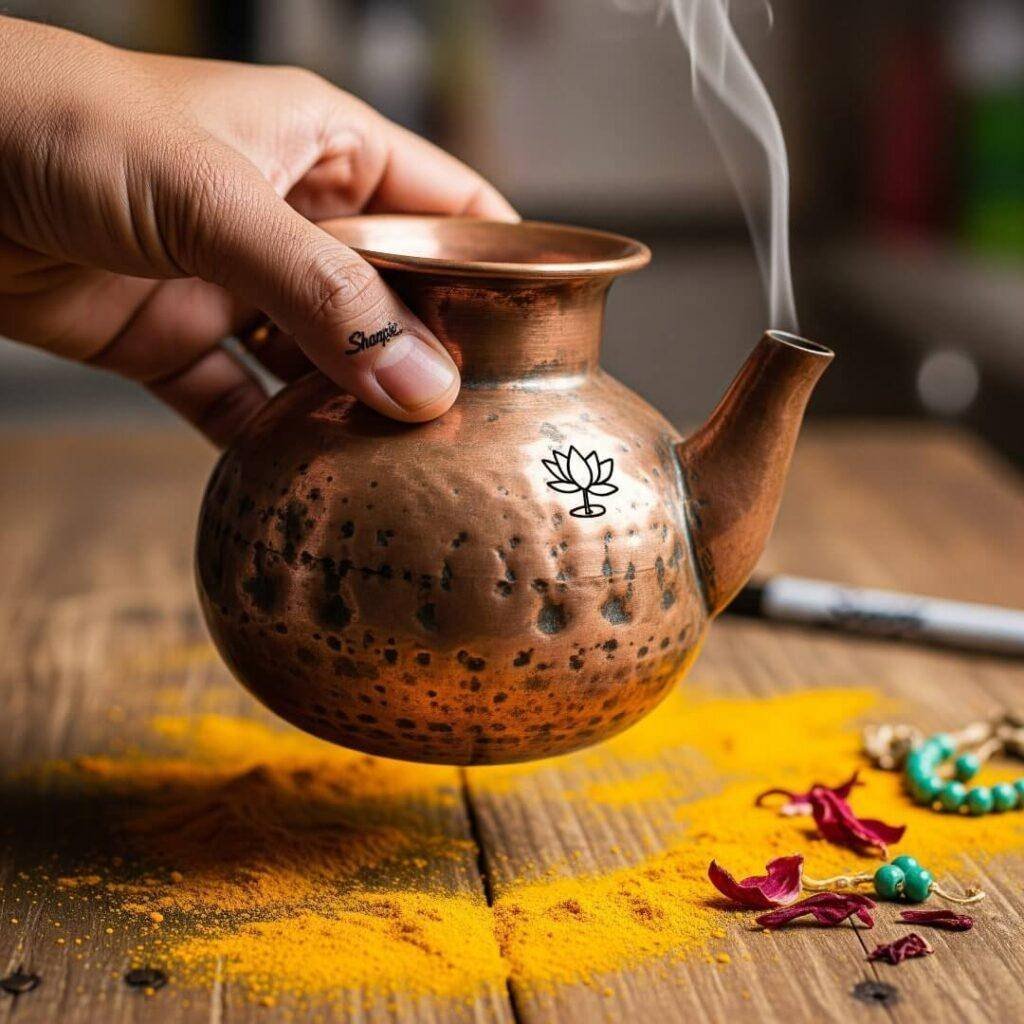 A hand grips a pot with a lotus doodle, turmeric powder spilled on a table.