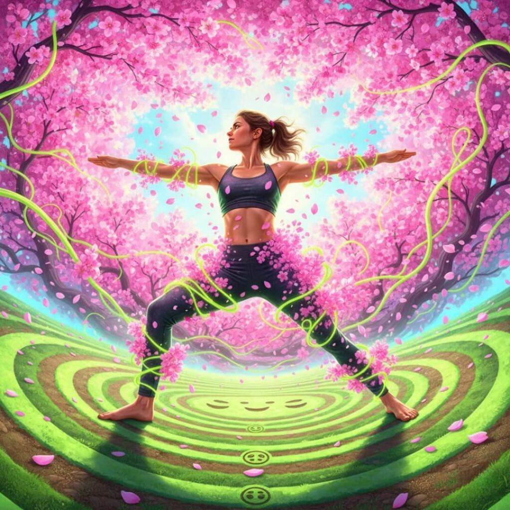 Yogi in warrior pose amidst electric pink cherry blossoms and lime green vines.