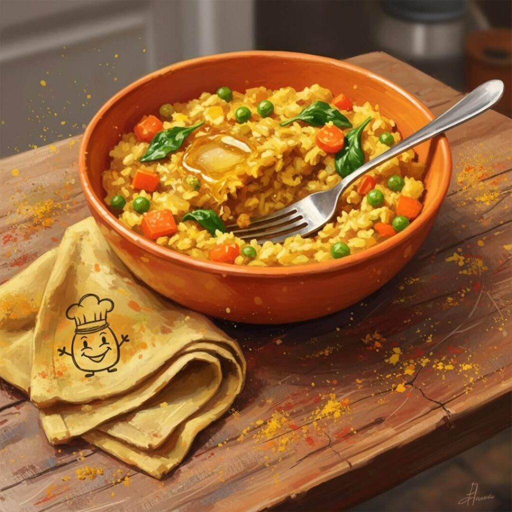 Half-eaten kitchari bowl with ghee, napkin, and a spice jar doodle.