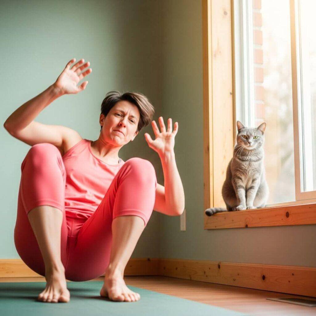 A slightly blurred image of a person struggling in a yoga pose, with a cat watching.