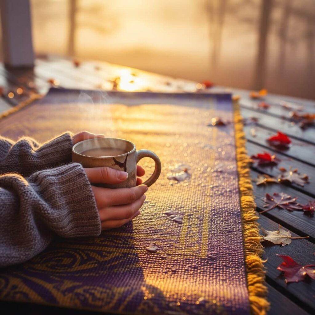 Photorealistic image of hands holding ginger chai on a yoga mat on a New England porch.
