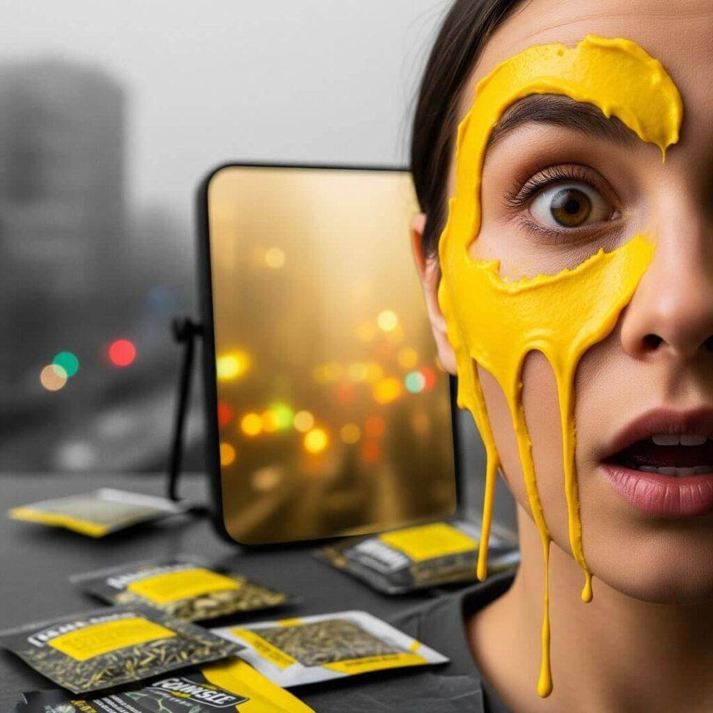 A close-up, photorealistic image of a face with yellow paste and a surprised expression.