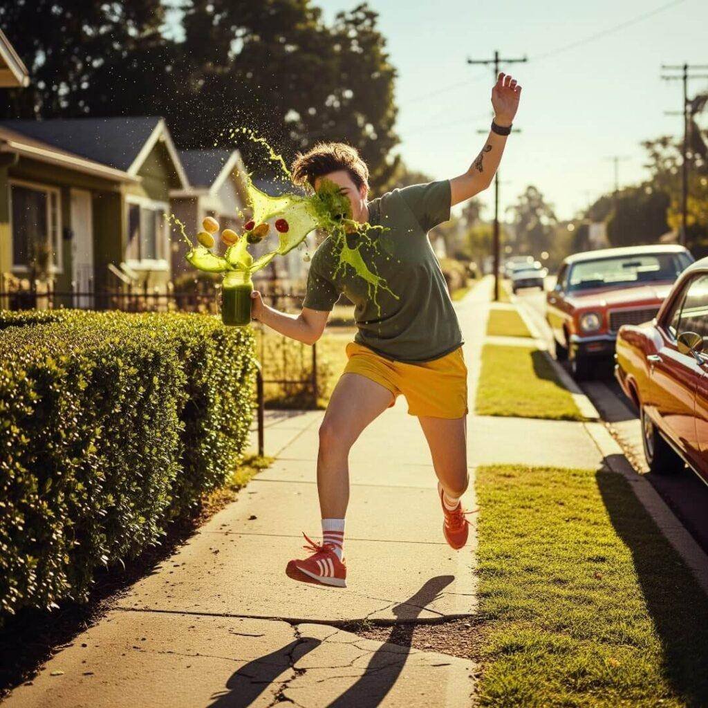 A person tripping mid-jog, with a green smoothie flying everywhere.