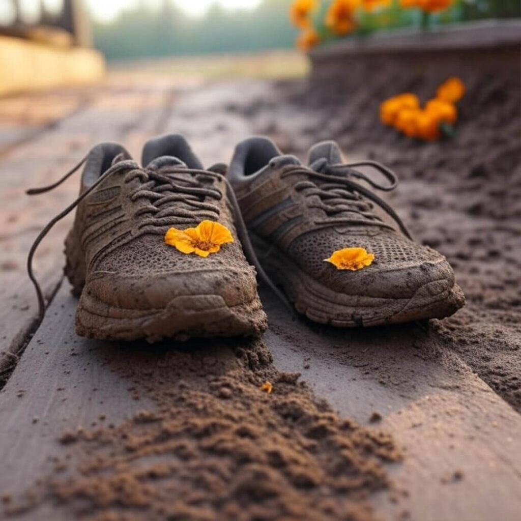 Muddy running shoes on porch, dirt trail, marigold petal, bittersweet vintage vibe.