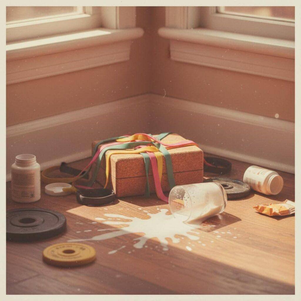Vintage-style cluttered home gym with spilled protein shake.