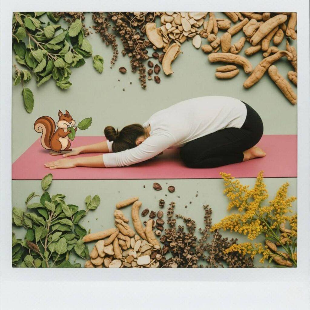 A person in Child's Pose surrounded by herbs, with a tiny squirrel nearby.