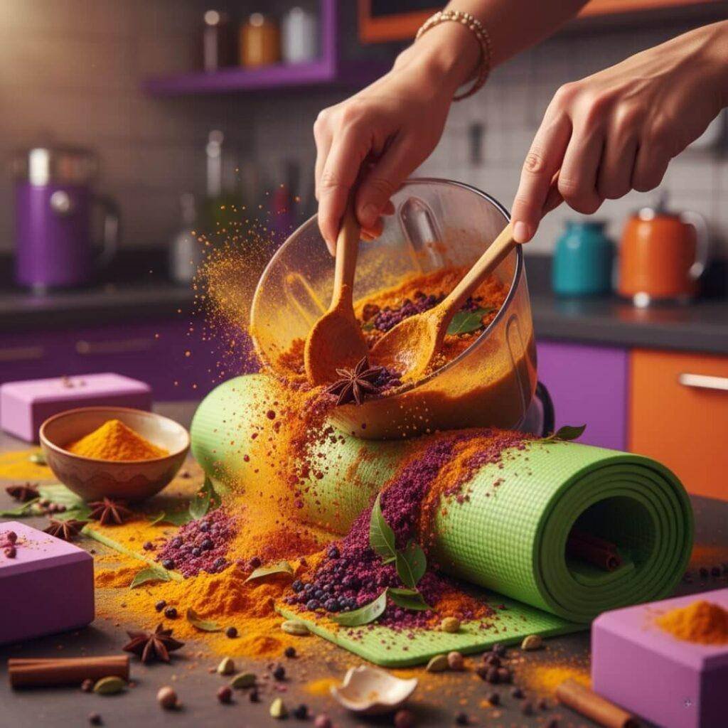 Hands mixing fiery orange and deep purple Ayurvedic spices on a yoga mat.