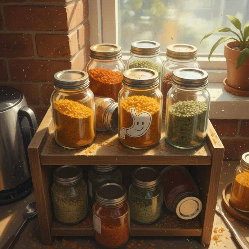 Messy spice rack with turmeric, cumin, and a stomach cutout.