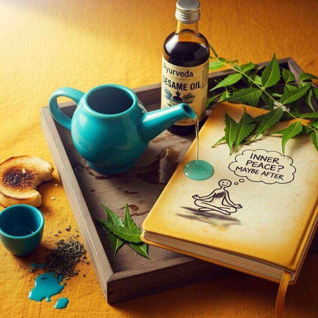 A messy tray with a neti pot, sesame oil, and a journal.