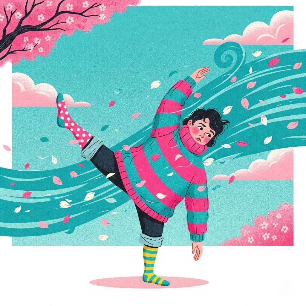 Vintage-inspired illustration of a person fumbling a yoga pose with mismatched socks.